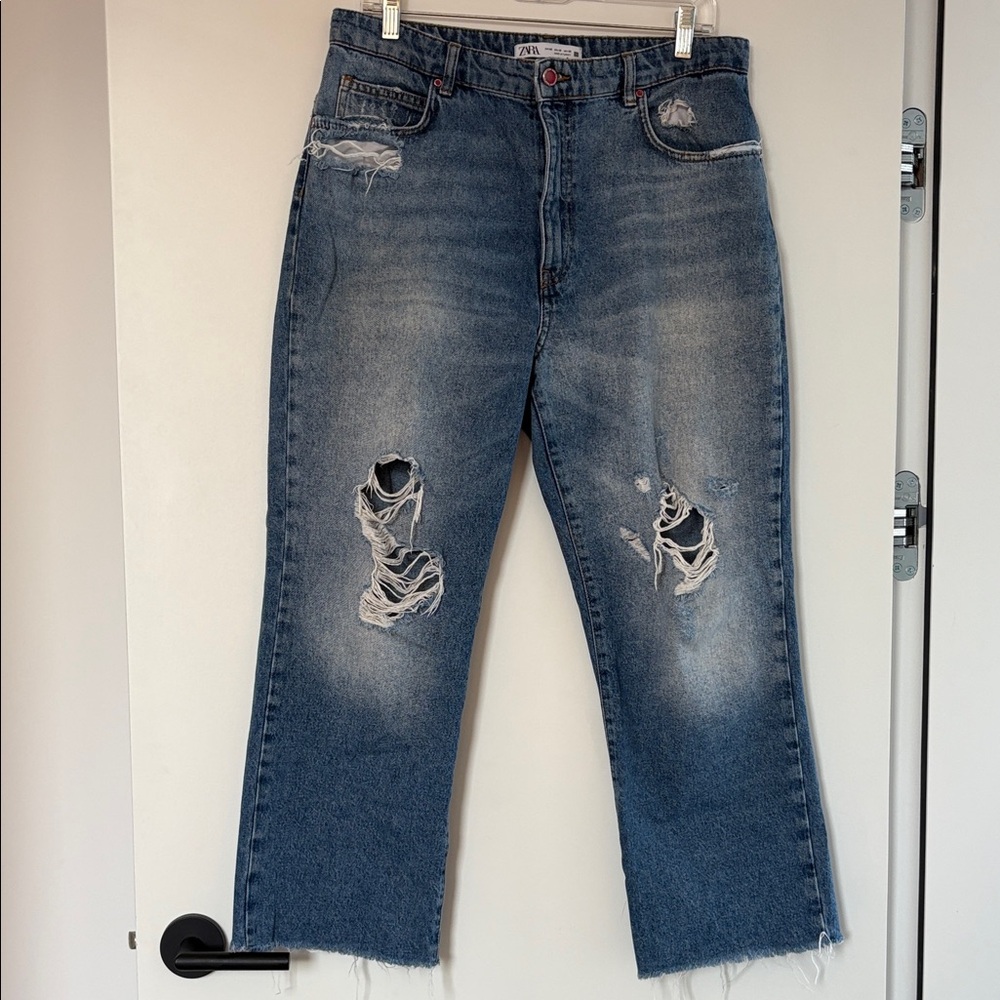 Zara  Distressed high Rise wide Leg 100% Cotton Raw Hem Jeans 10 EUC